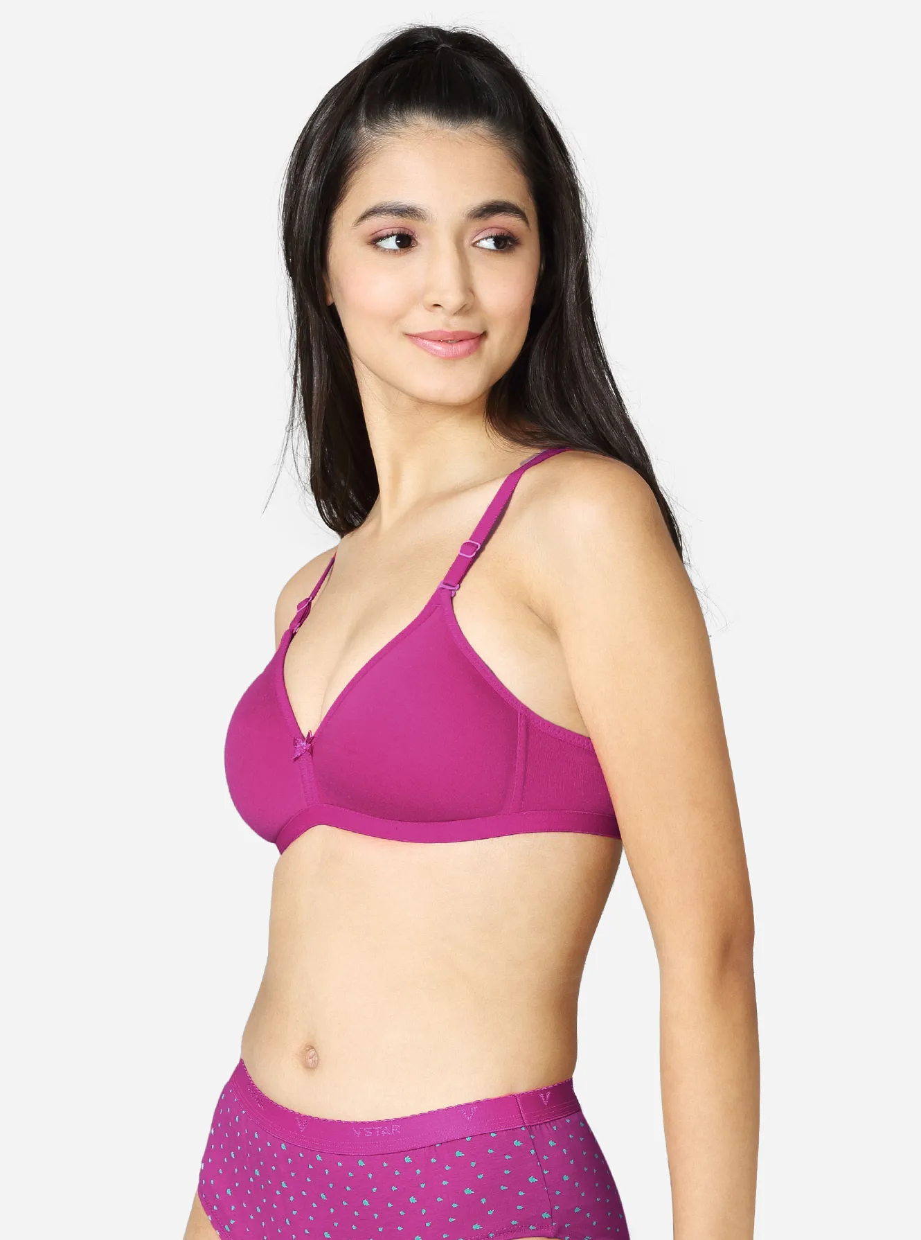 Padded wire free bra with deep neckline and medium coverage