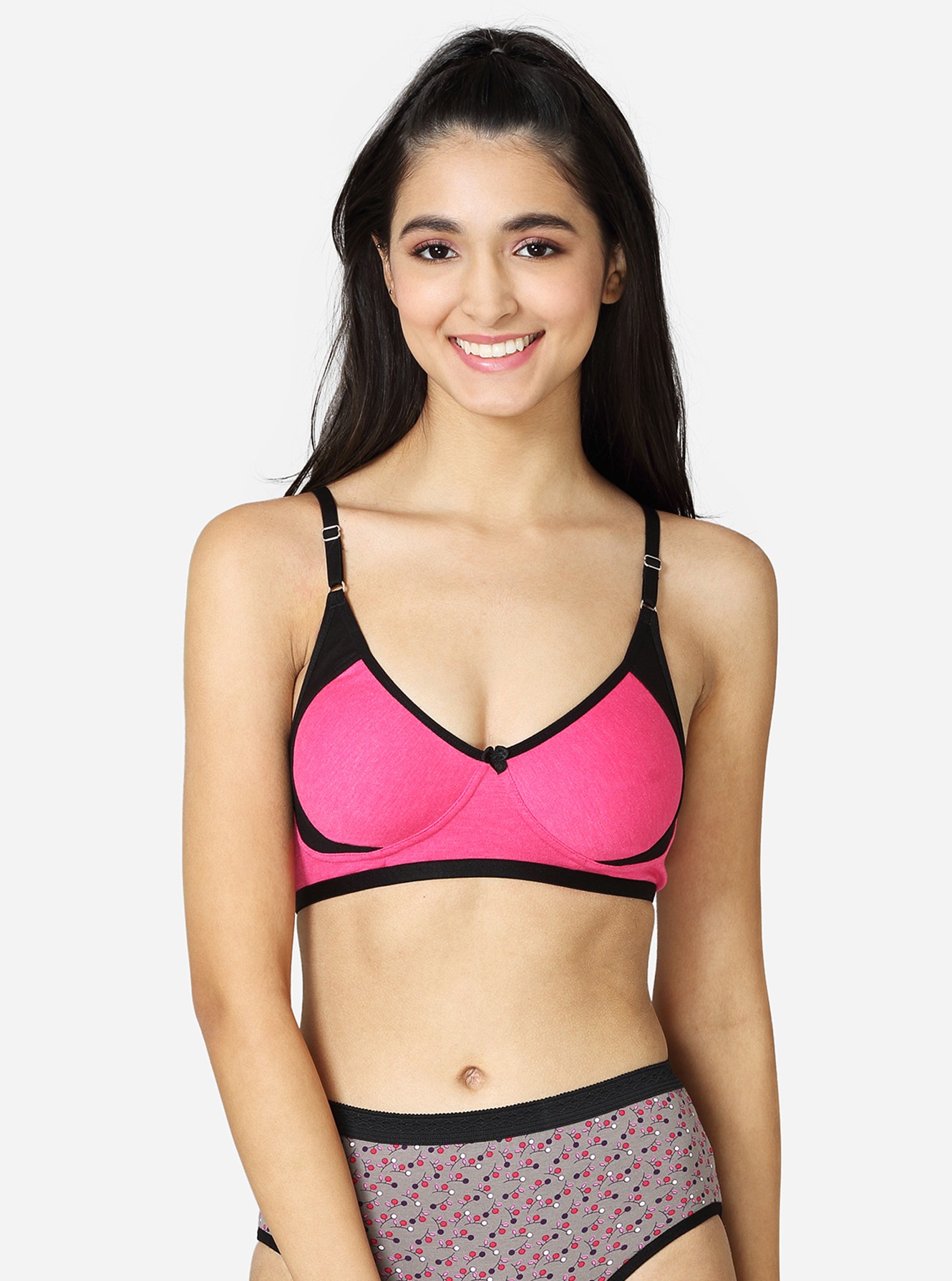 Cotton blend double layered medium coverage T-shirt bra with contrast  elastic tape-Fuchsia Melange Black -30B - Main Image